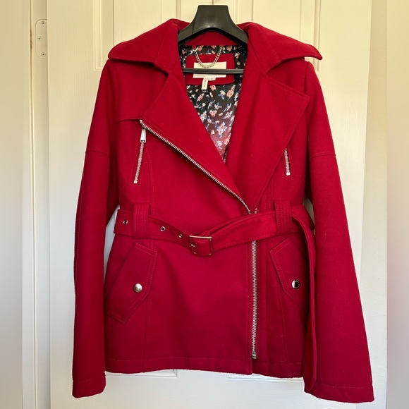 Cherry Red BCBG hooded and belted winter peacoat with silver brand hardware. - Picture 7 of 9